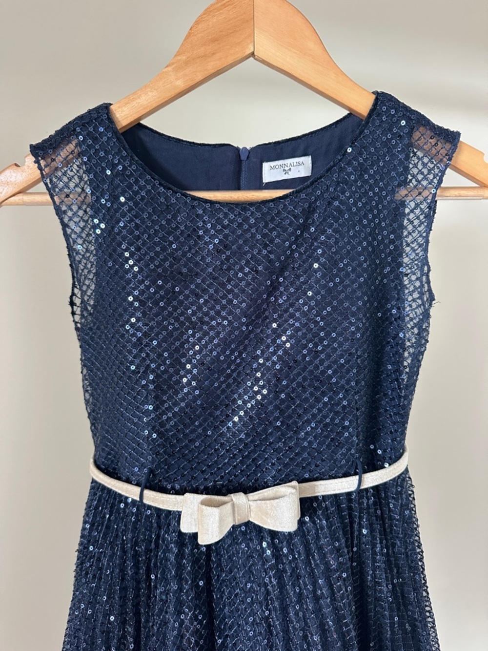MonnaLisa Navy Blue Sequin Party Dress with Cream velvet Bow Belt - Picture 4 of 10